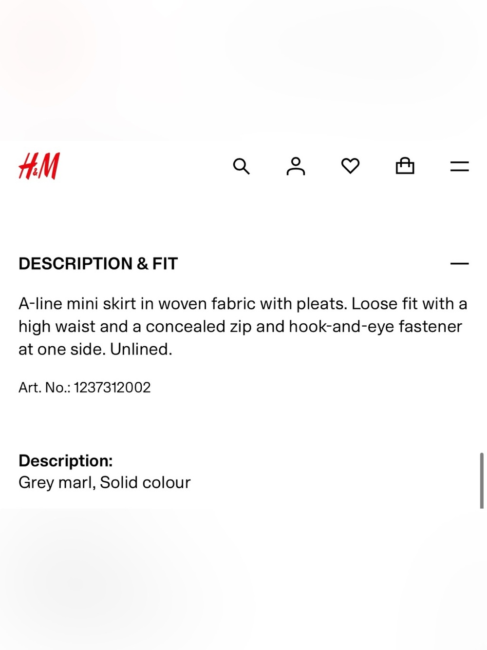 H&M PLEATED MINI SKIRT Grey Marl - Picture 3 of 3